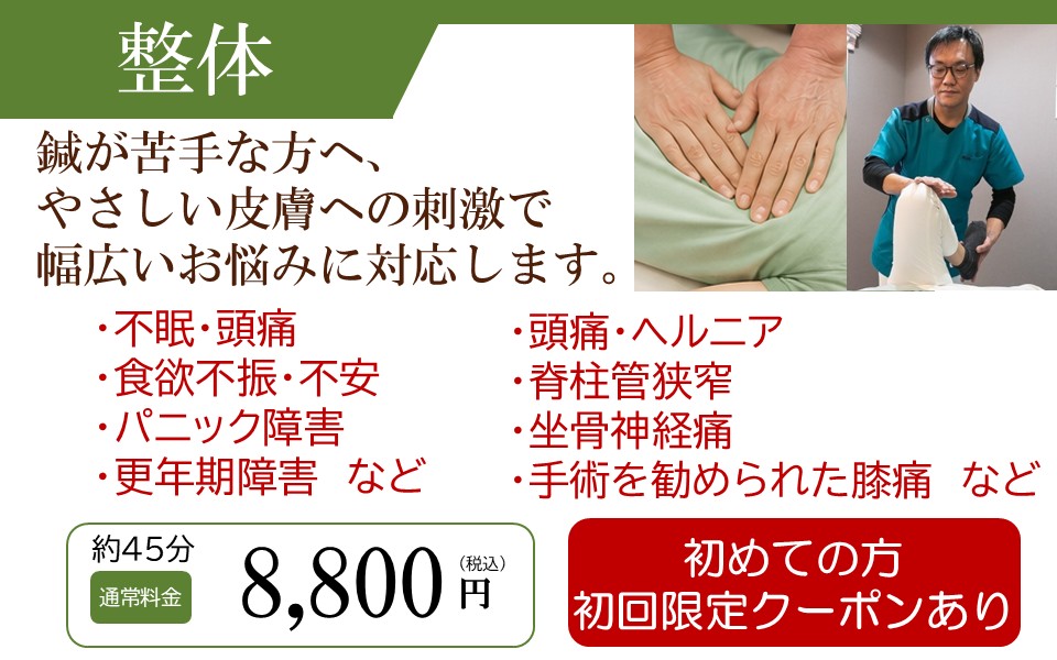 アユカ鍼灸整体院 整体 自律神経失調、痛みの症状のメニュー画像